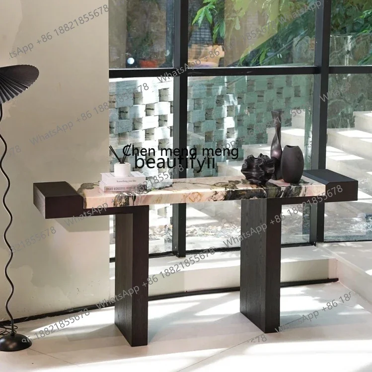 

B178 New Chinese-style solid wood entrance table, strip case against the wall, high-end marble end view table, entrance cabinet2