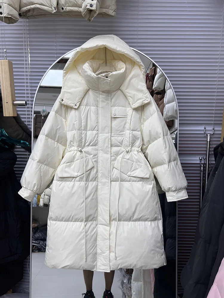 

Korean version drawstring mid length down jacket 2025 winter new women's slimming fashion hooded white duck down jacket