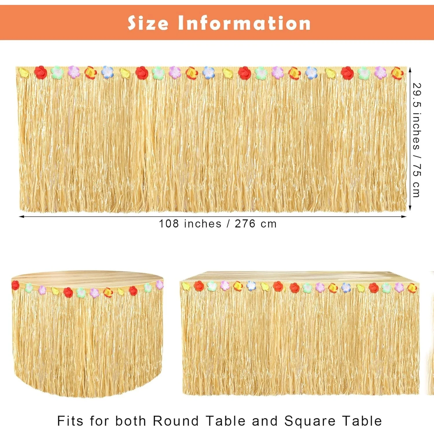 Hawaiian Style Grass Table Skirt, Natural 9 ft × 29.5 in, Hawaiian Table Skirt, Tropical Hawaiian Party Decorations, Hawaiian Themed Party, Straw Yellow, Halloween, Christmas