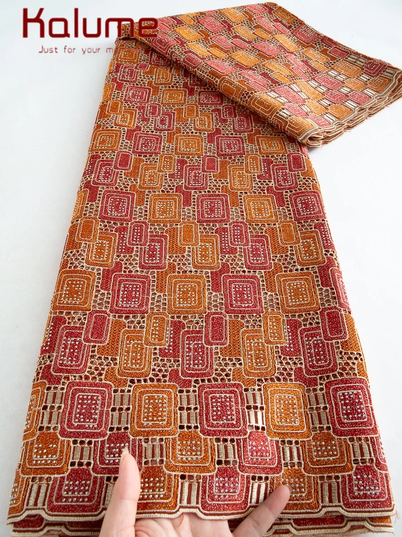 

Kalume 2025 African Cotton Embroidered Lace Fabric With Stones Red Swiss Voile Lace Fabric For Sewing Wedding Party Dress F4477