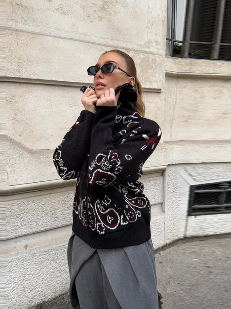 Knitted Jacquard Cardigan For Women 2026 Autumn Zippers Stand Collar Long Sleeve Female Sweater Fashion All-matching Knitwear