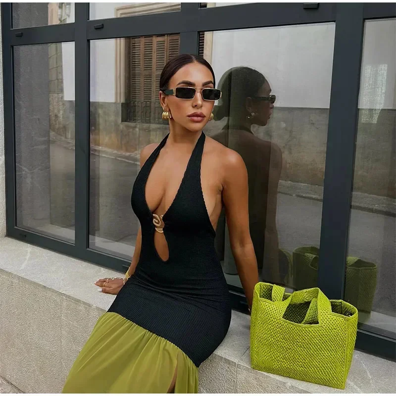 Maxivestido Sexy con escote en V profundo y espalda descubierta para mujer, novedad de 2021, vestidos largos ajustados verdes con dobladillo contrastante y espalda descubierta, vestidos de vacaciones para mujer