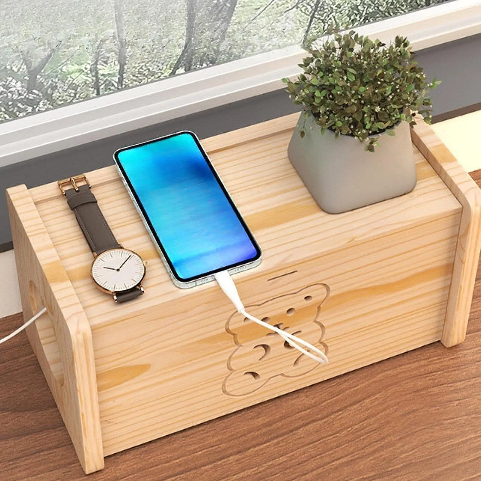 Cable Management Box Wood Cord Organizer Box for Computer Under Desk Cords