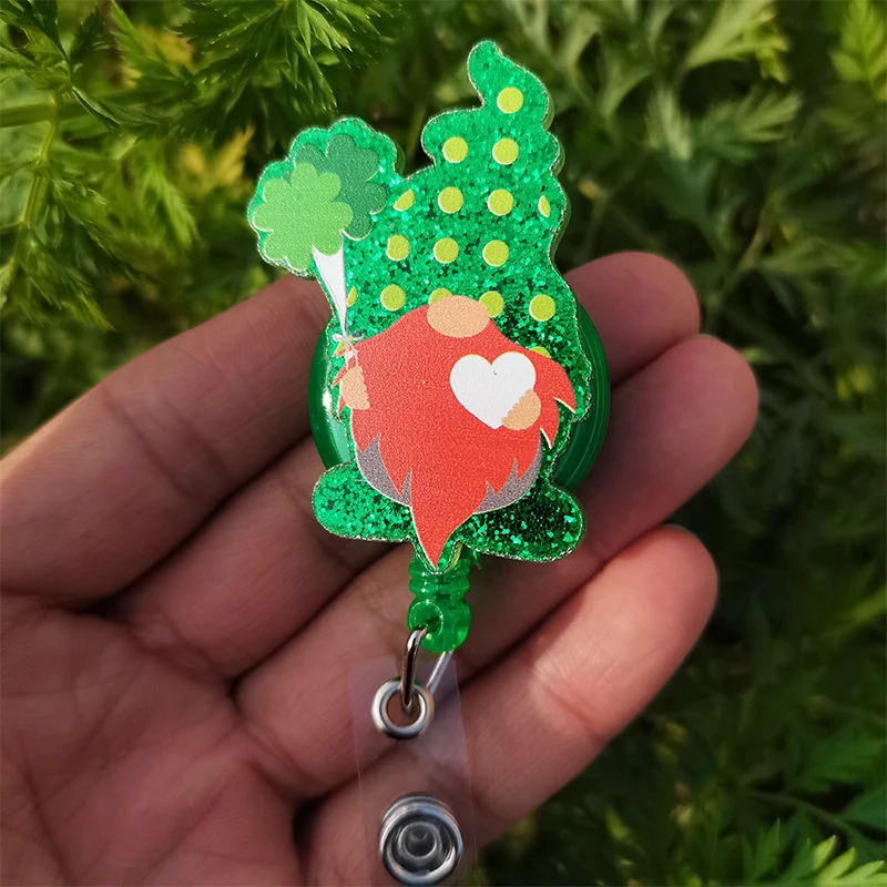 New Glitter Gnomes Ireland St. Patrick’s Day Acrylic Badge Reel Love Heart Clover Badge Holder Bulk