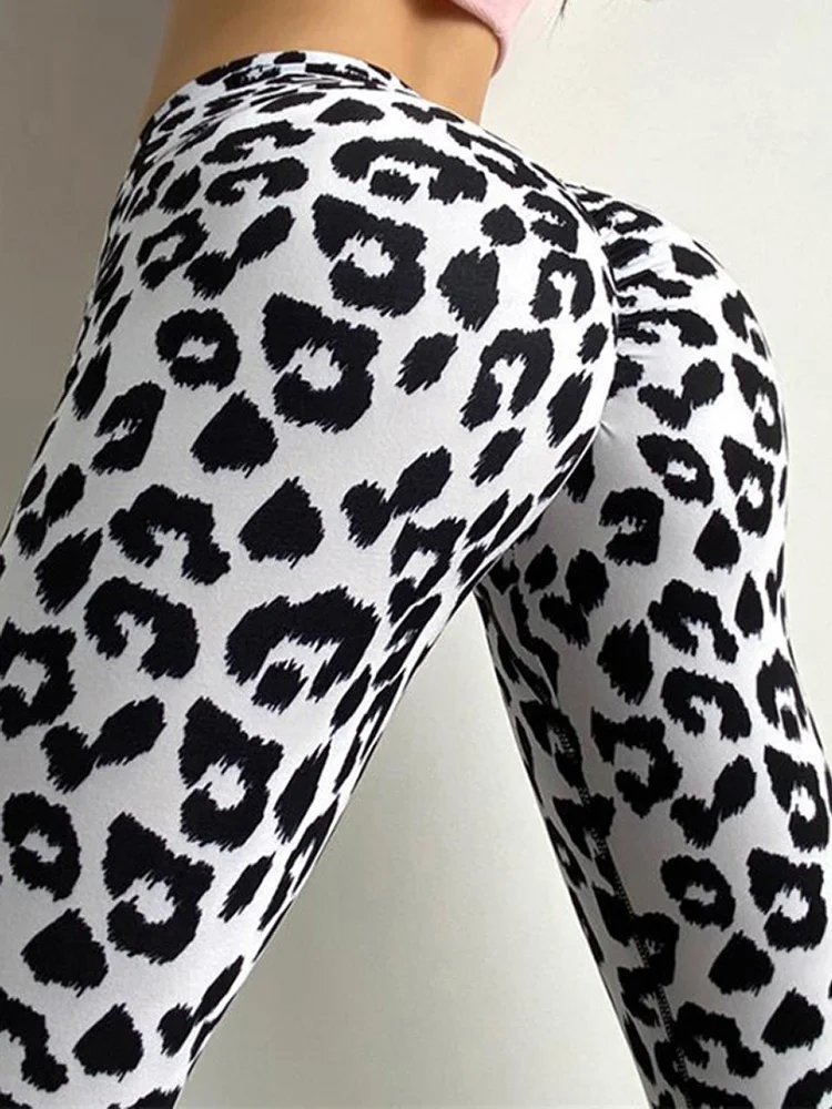 Leggings esportivas estampadas leopardo para mulheres, roupas de treino macias de cintura alta, calças de ioga apertadas, roupas de ginástica fitness preto e branco, novas