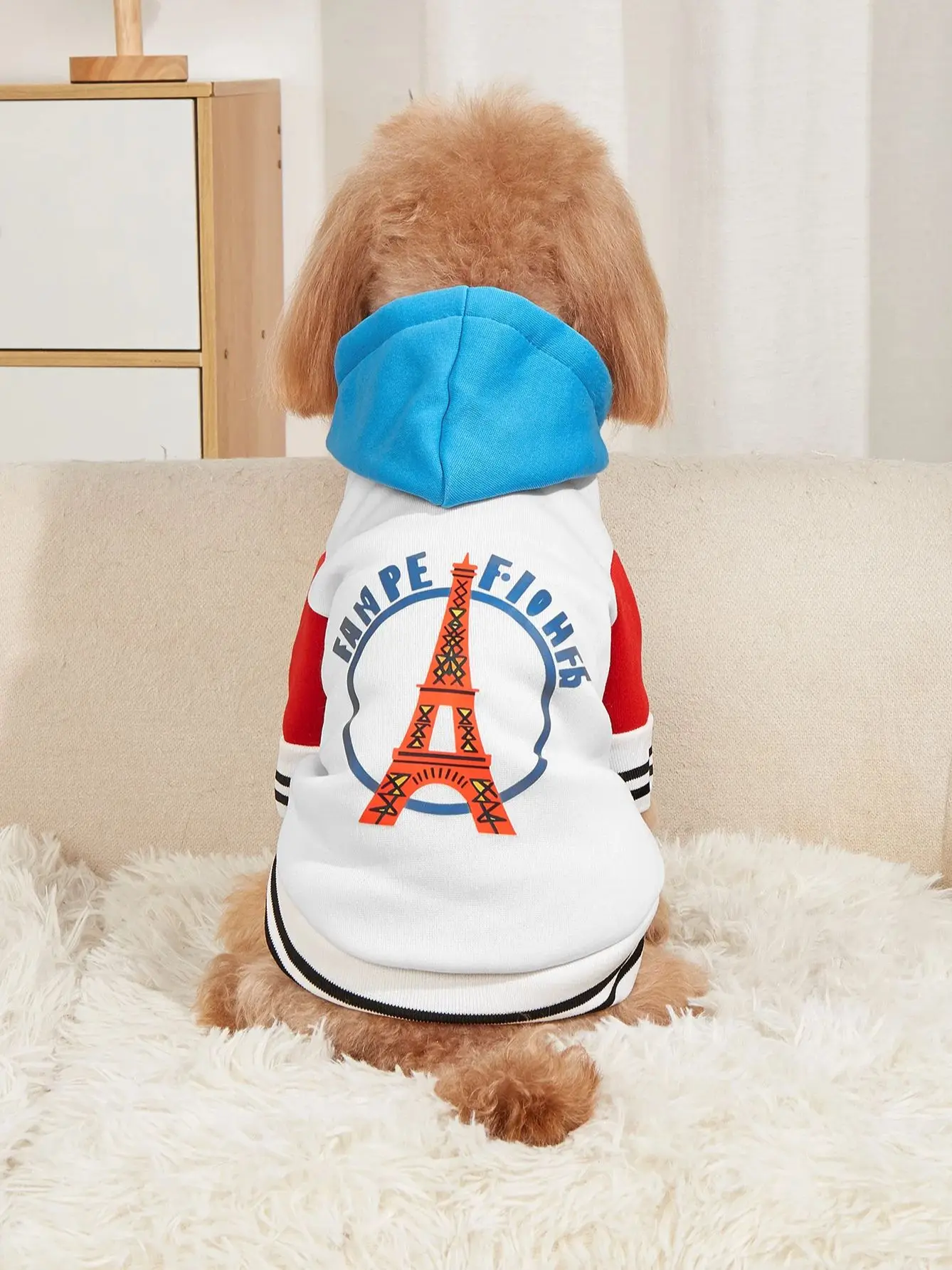 Pet clothes dog cat jacket Warm and comfortable clothes with Eiffel Tower print blue, white and red panels