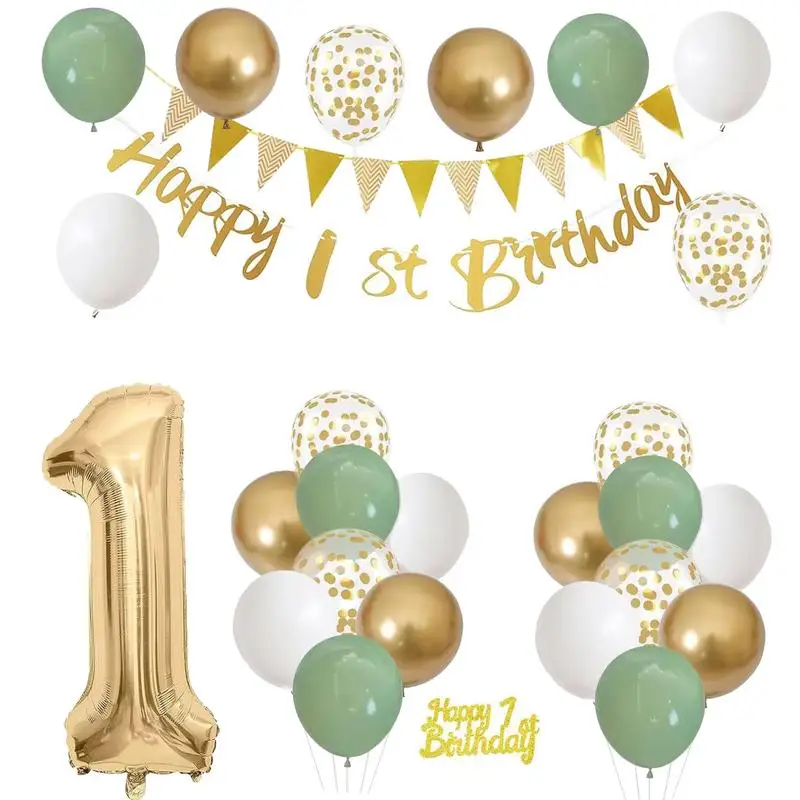 28 Pcs Birthday Decoration Set Foil Balloon Green Gold White Birthday Decorations Happy Birthday Banner, Balloons, Pennants kit