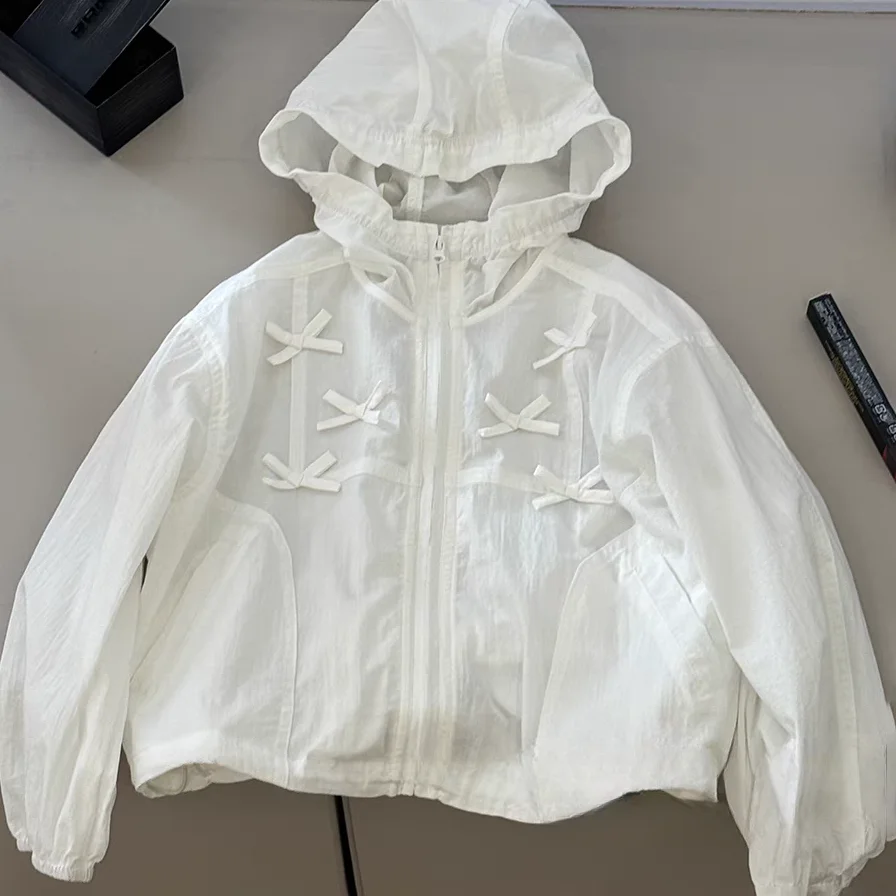 2026 Spring Summer Big Girls Bow Decor Hooded Sun Protection Jacket Teen Kid Lightweight Zipper Casual Loose Outerwear 3-14Years