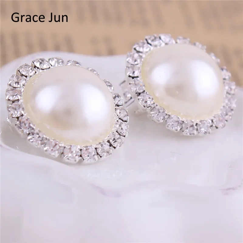 Grace Jun New Design Double Round Shape Rhinestone Clip on Earrings Without Piercing Fashion Simulated Pearl Ear Clip