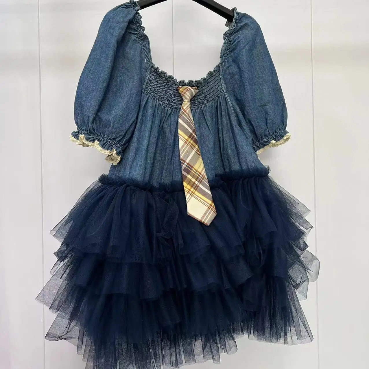 

College Style Mesh Spliced Ruffles Denim Shirts Bubble Sleeves Blouses with Tie Dress Gauze Patchwork Pleated Lotus Skirt Tops