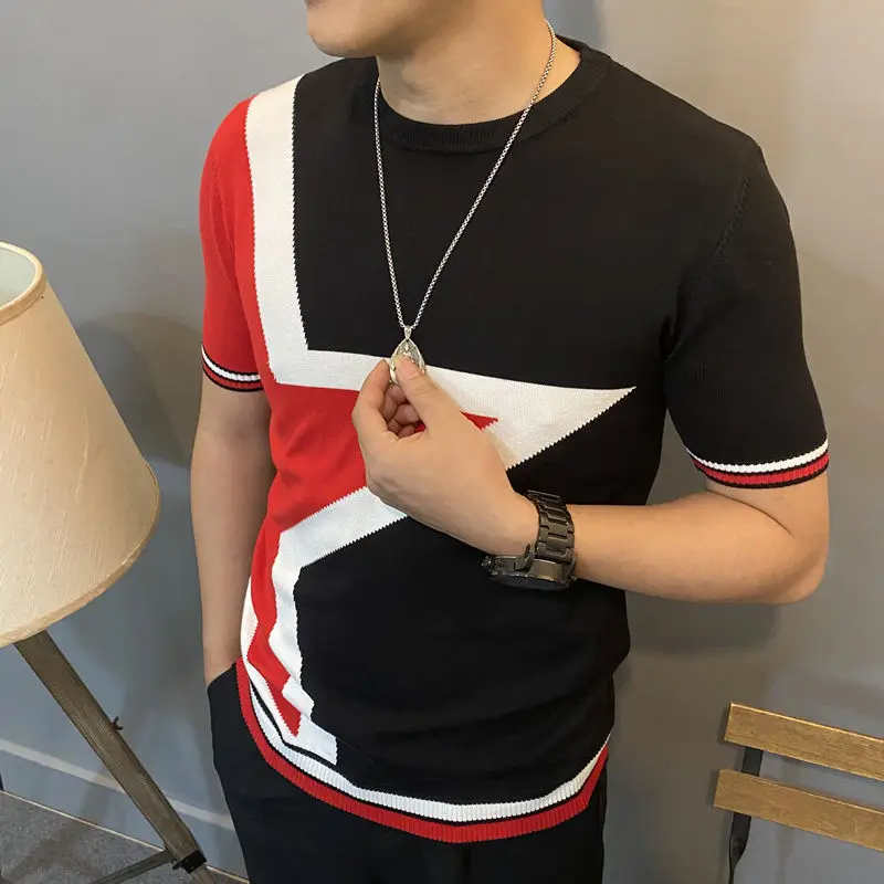 Autumn and Winter Men's Slim-fit Short-sleeved Sweater Sweater Korean Style Jacquard Slim-fit plus size Half-sleeved Sweater