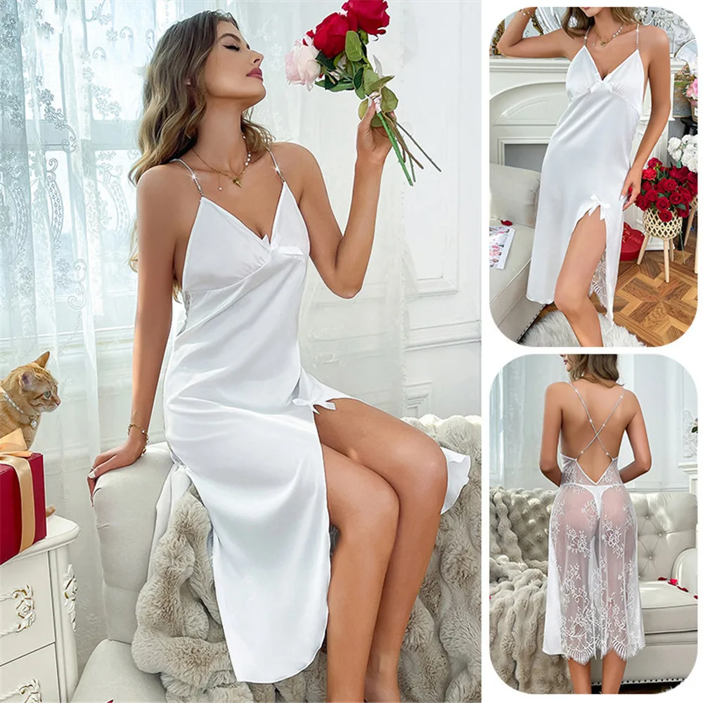 

Сексуальная ночная рубашка с разрезом, интимное белье, лоскутное кружевное ночное платье на тонких бретельках, домашнее платье, женская ночная рубашка