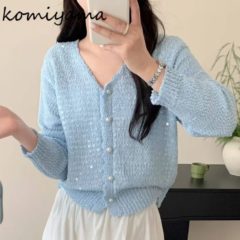 

Patchwork Sequin Cardigan Single Brested 2025 Woman Clothes Sweet Soft Knit Cardigans Loose V-neck Sweater Long Sleeve Sueter