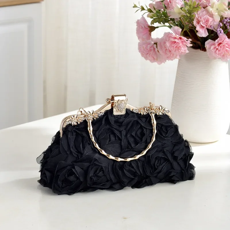 

Black White Pink Lace Roseflower Metal Handle Handbags For Women Fashion Temperament Dinner Evening Bags Wedding Party Clutch