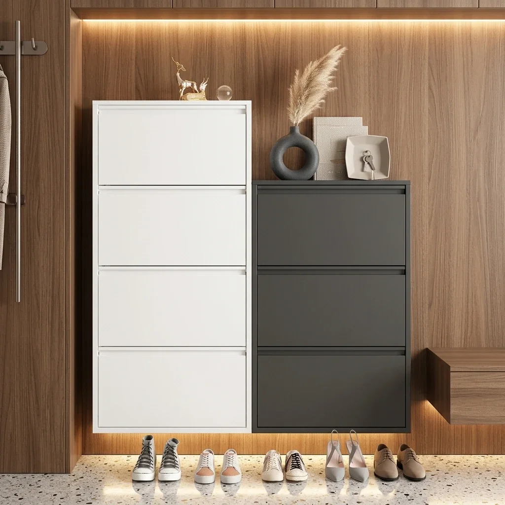 #Space-saving Ultra-thin 12cm Entry Way Shoe Rack Nordic Iron Metal Modern Porch Cabinet Rotating Design Narrow Door Organizer