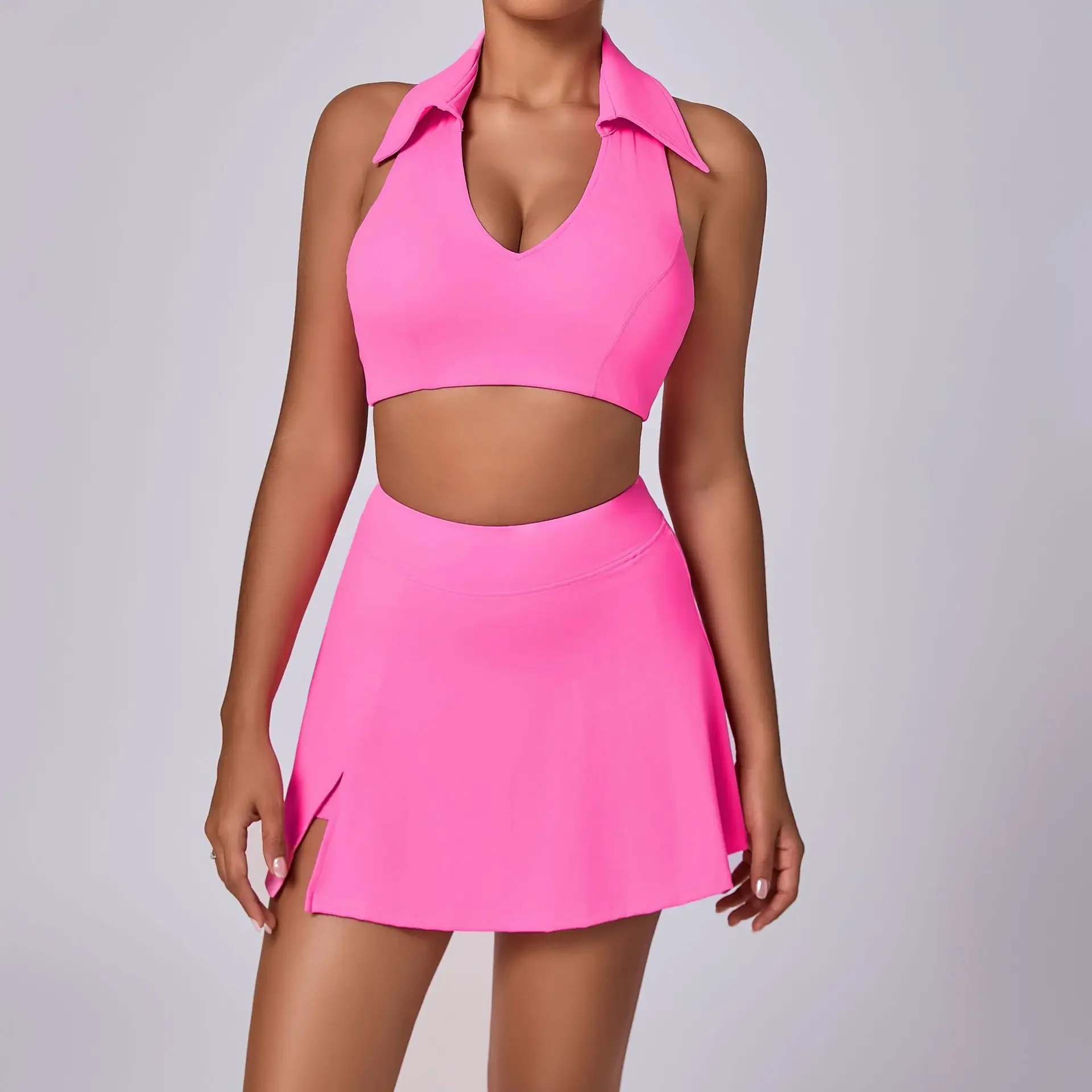 2025 Yoga Sets for Women 2 Pieces Sexy Short Sets Fitness Workout Sportswear Gym Top Sport Outfit for Woman Skirts Pink Body