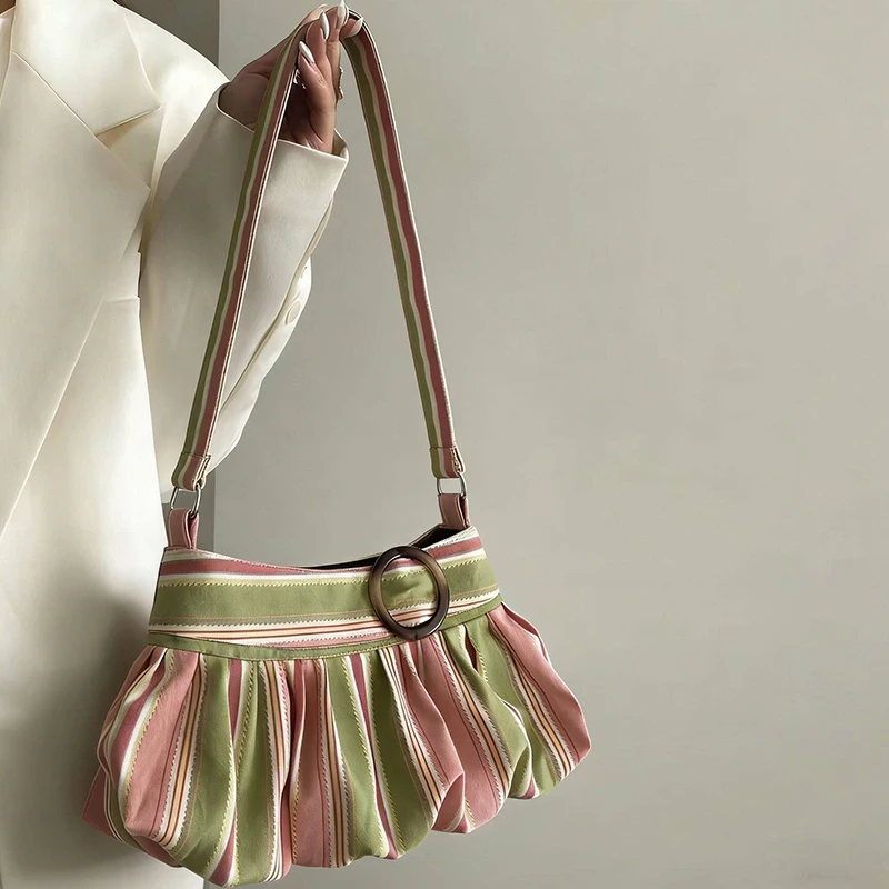 Korean Stripe Pleated Underarm Bag Ladies Retro Ruched Shoulder Bag Adjustable Strap Cute Daily Street Photo Handbag