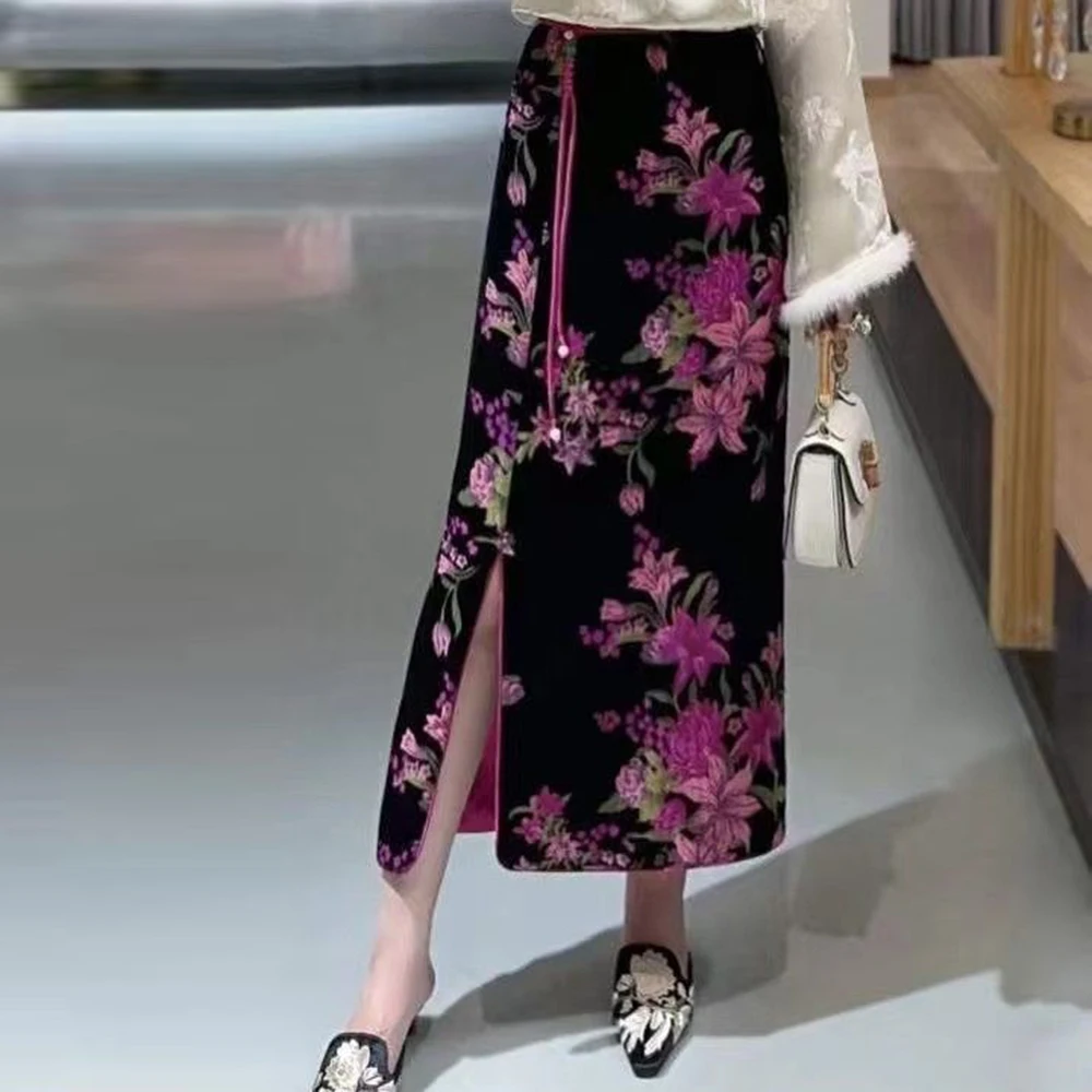 New Chinese velvet  women's medium and long autumn and winter thickened warm national style printed a-shaped split hip skirt