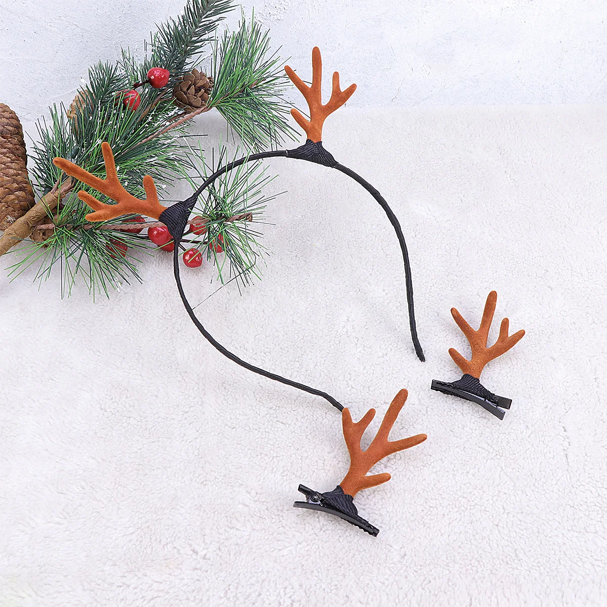 6 pcs Flock Antler Design Headband Hairpin Headdress Grey Brown Holiday Party Cosplay Accessory Deer Horn Hair Clip For