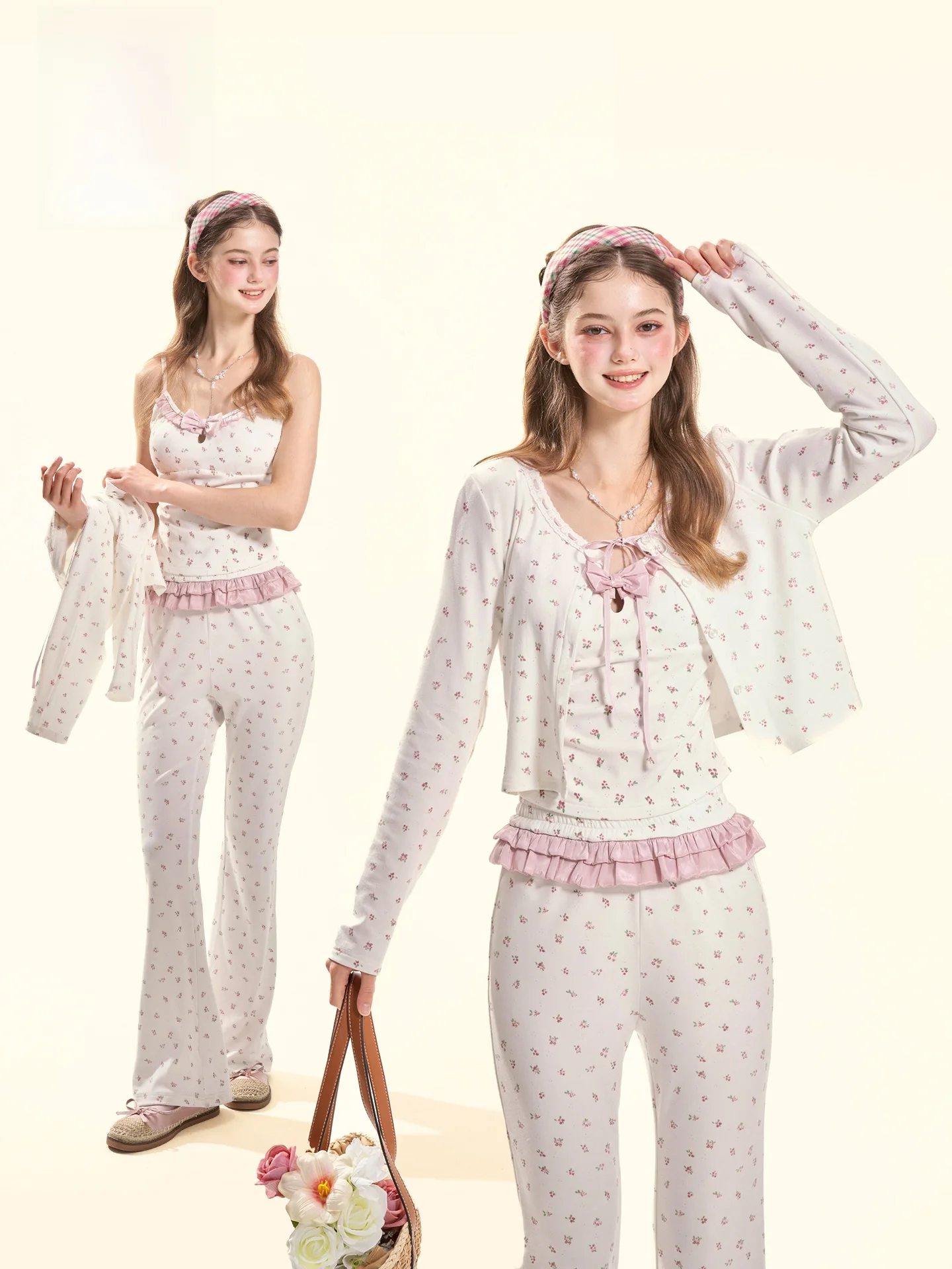 

GirlyFancyClub Floral Print Comfortable Home Wear Outerwear ort Sve Cardigan Set Women's Casual Faion Spring Autumn