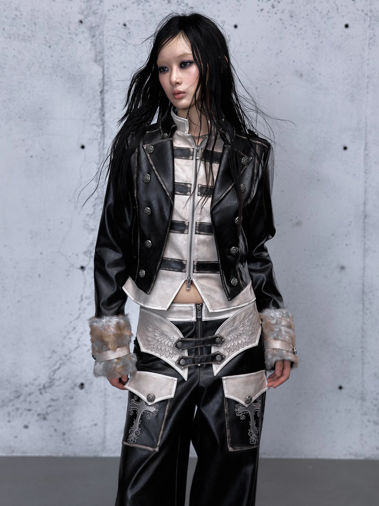 Street Sle Punk Knight Color Blo ort Leather Jaet Worn out Faux Two-Piece Biker Coat Youth Fem Zipper Sve Long