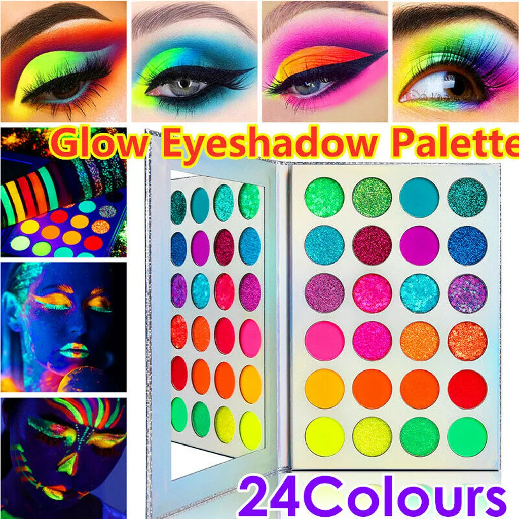 Colorful Eyeshadow Palette Neon Glow in Bright Makeup 24 Color Pigmented Eye Shadow Pallet Matte Shimmer Glitter Eye Cosmetic