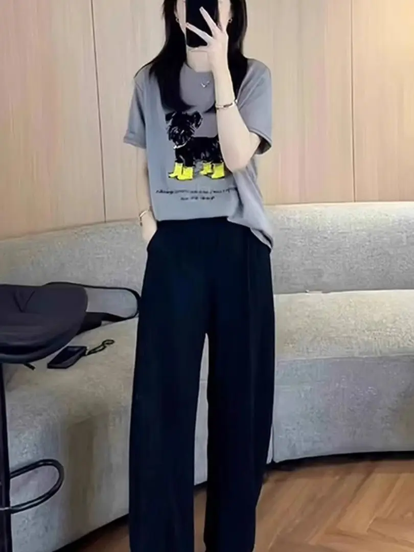 

Summer 2026 Fashion Casual Sportswear Set Women Loose Anti-aging Cartoon Print Top Wide Leg Pants Set round Neck Short Sleeve