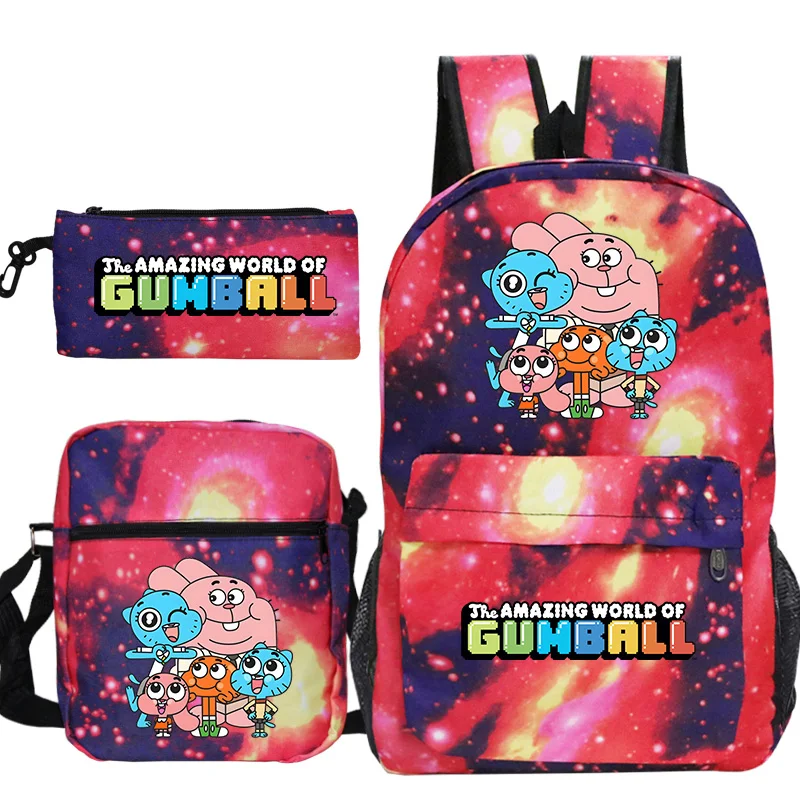 Fun The Amazing World of Gumball Backpack 3pcs Set Students School Bags School Girls Boys Sports Bookbag Trendy Travel Backpack