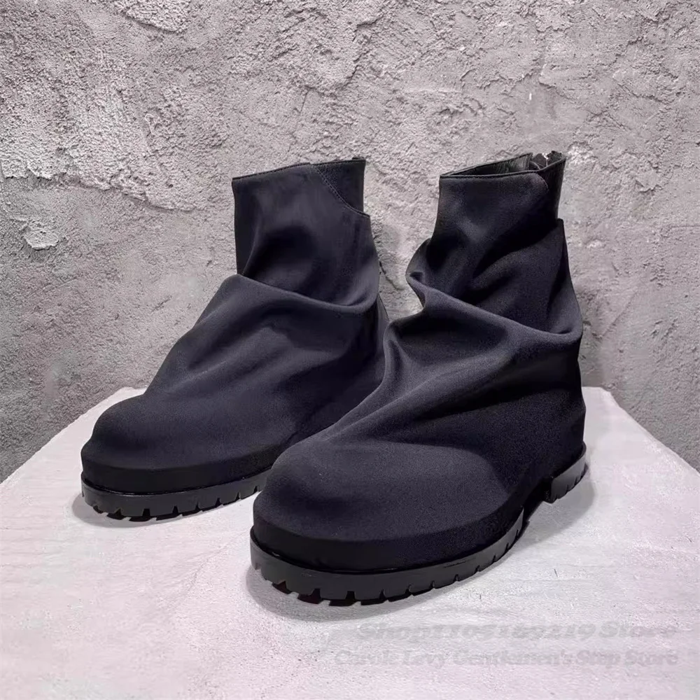 

Soft Pleated Folded Canvas Back Zipper High Top British Style Retro Leather Thick Soled Short Boots Men Round Toe Chelsea Boots
