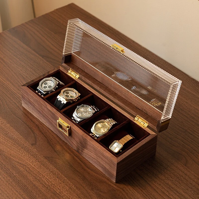 Wooden Watch Organizer Box 5 Slots Transparent Watches Display Storage Boxes Personalised Men Wrist Watches Collection Case