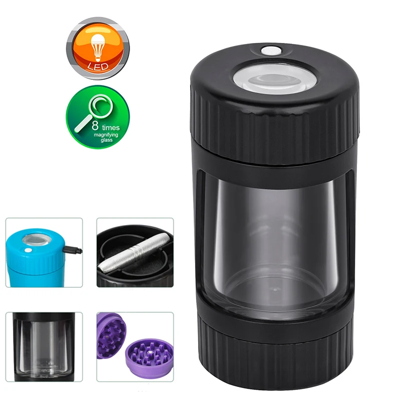 Acrylic Tobacco Herb Grinder Jar with LED Light Cigarette Pipe Moisture Proof Sealed Tobacco Seasoning Tank USB Chargeable