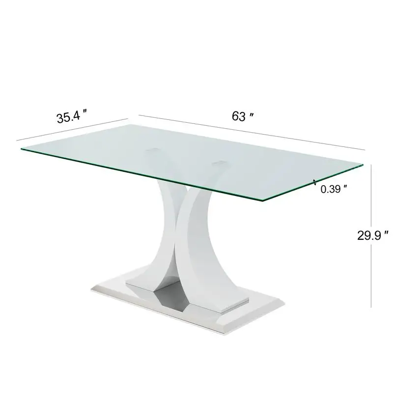 Mesa de cristal rectangular moderna de 63 ", diseño transparente elegante, base de soporte de acero inoxidable resistente, muebles elegantes para