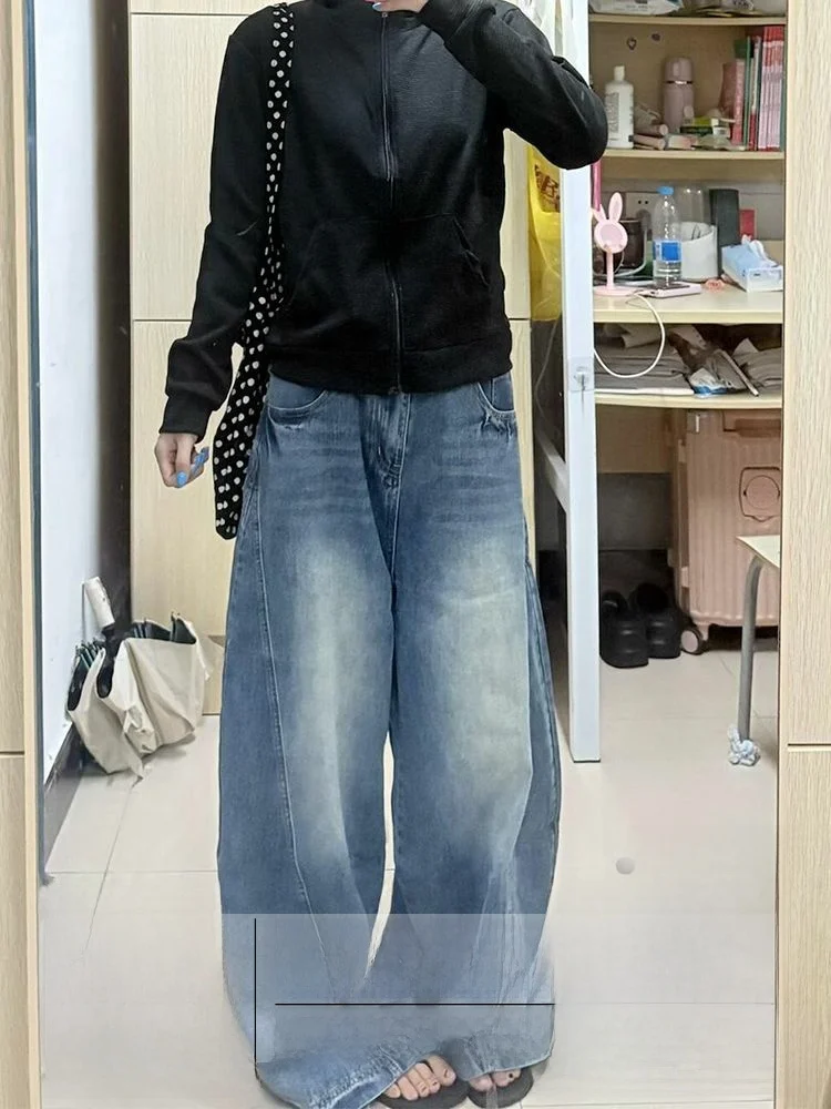 

Американские джинсы High Street больших размеров с выцветшими широкими штанинами, женские свободные длинные брюки прямого кроя, осень-зима, новые утягивающие брюки