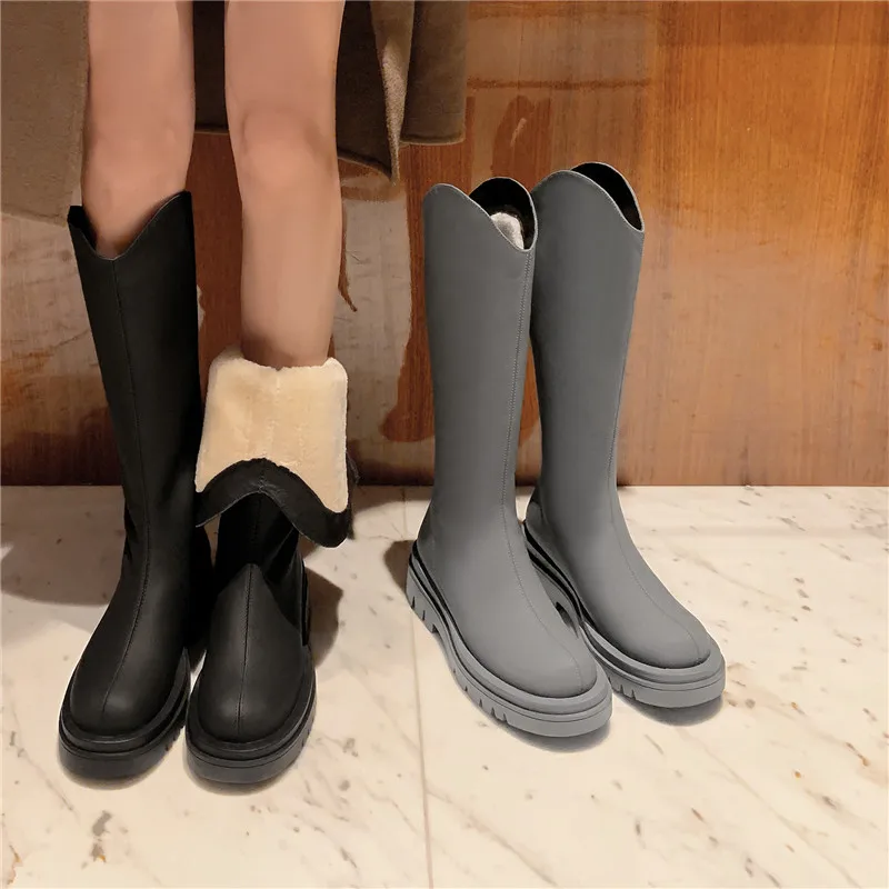 Dilalula 2024 New Genuine Leather Wool Blend Snow Boots Square Med Heels Winter Boots Fashion Zipper Platform Knee High Boots