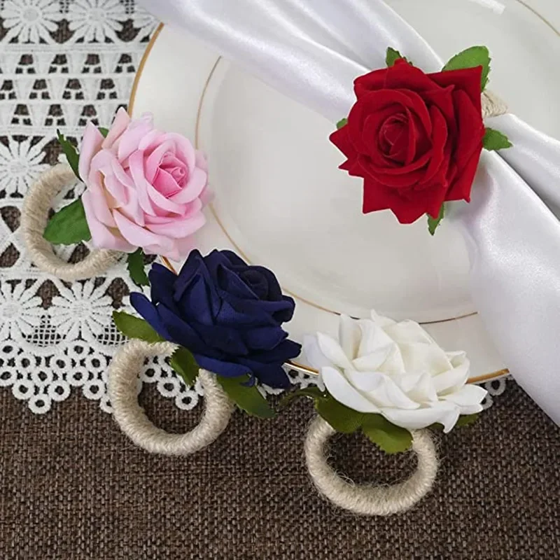 6pcs Red Rose Shape Handicraft Towel Buckle Napkin Ring Wedding Party Valentine\'s Day Hotel Table Decor Metal Gold Napkin Holder