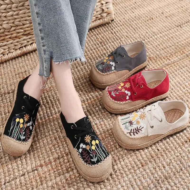 Fiore ricamato donna fatto a mano lino cotone Slip On espadrillas mocassini comode Sneakers scarpe da passeggio Casual 2024