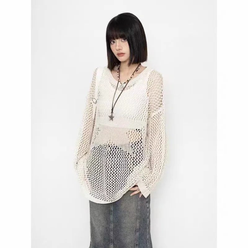 Women Long Sleeve Sexy for T Shirt Sexy Hollow Grid Tops Loose Mesh for Sun for Protection Jumper Crew Neck Pullover Swea