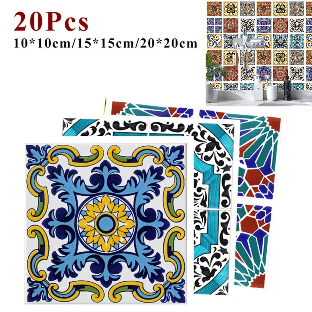 20pcs Retro Pattern Matte Tiles Sticker Transfers Covers For Kitchen Bathroom Tables Floor Hard-wearing Art Wall Decals