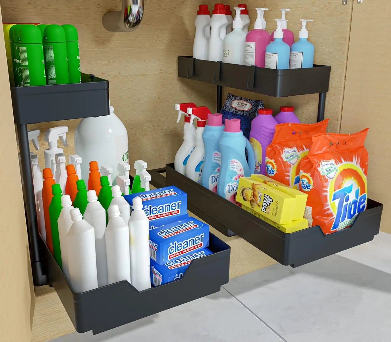 

2 Pack Under Sink Organizer 2 Tier Sliding Cabinet Organizers Multi-Purpose Sink Storage Basket L-Shape Narrow Space Storage