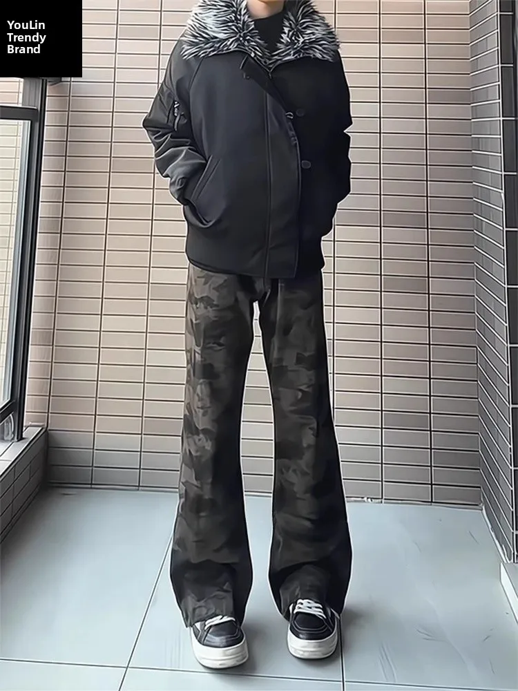 

Мужские джинсы в стиле ретро с американским камуфляжным принтом, на флисовой подкладке, зауженные, с легким клешем, для повседневной носки и работы