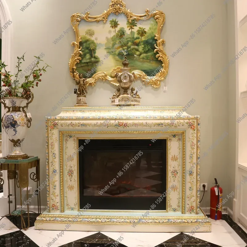 FD Xx French Luxury Hand-painted Decorative Cabinet Design 1.85 Meters Solid Wood White Fireplace European Heater O