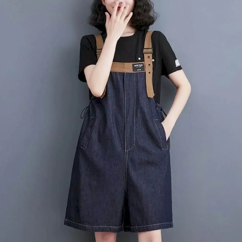 Kombinezony dżinsowe Vintage z wysokim stanem, luźne spodenki z szerokimi nogawkami koreański styl Romper Casual body stroje jednoczęściowe odzież damska