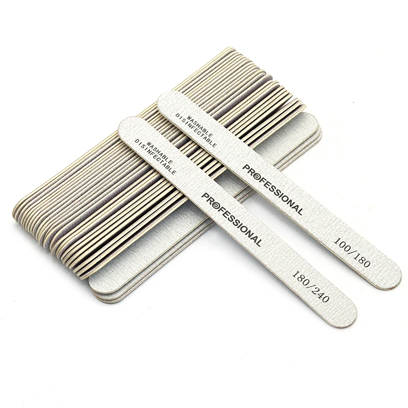 200Pcs Professional Nail Files For Manicure 100/180 180/240 Grit Gray Straight Wood File Double Sided Head Round Nail Art Tools