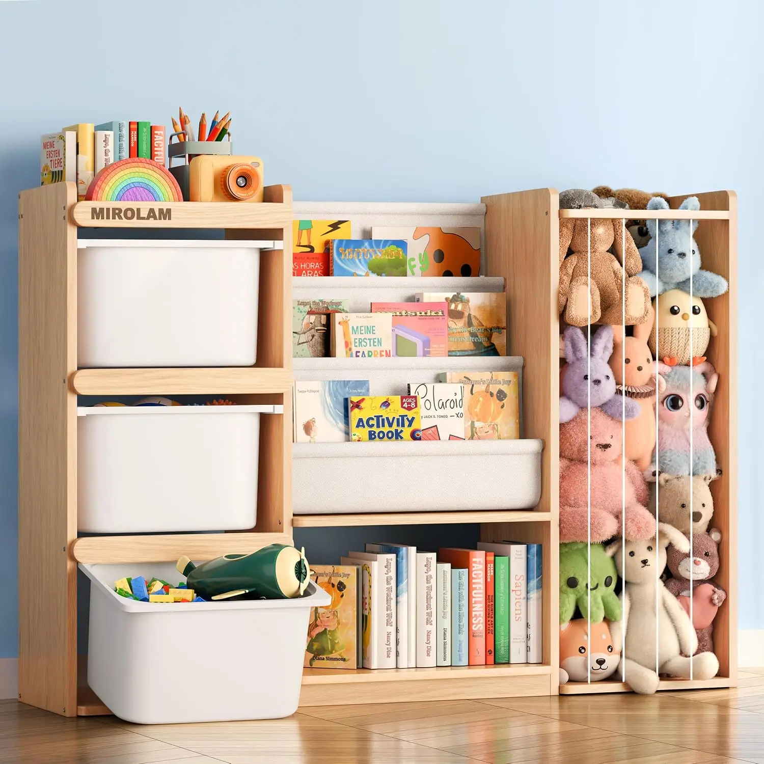 Toy Storage Organizer with 3-Bin Chest and 3-Tier Montessori Bookshelf, Stuffed Animal Storage for Kids Room, Toddler Playroom Furniture, Bedroom Nursery Decor
