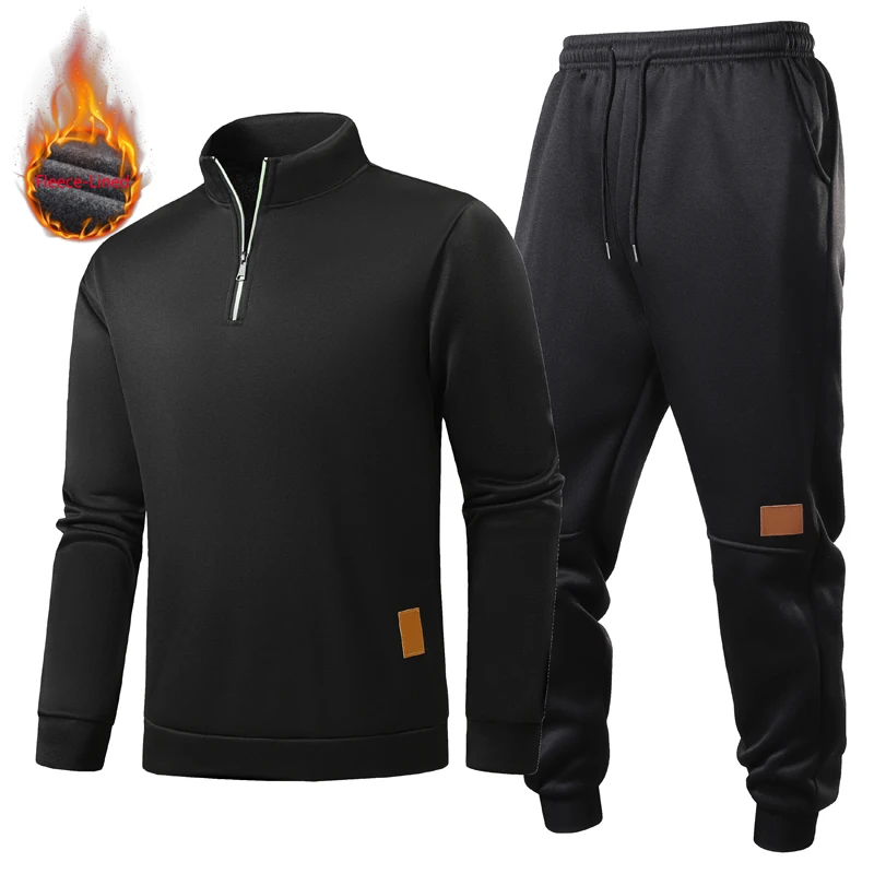 Winter Men's 2 Piece Tracksuit Fleece Lined Half‑Zip Stand Collar Sweatshirt Drawstring Jogging Pants Warm Casual Sports Suit
