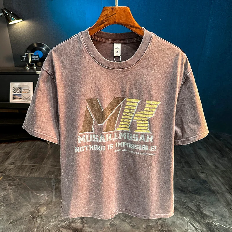 تي شيرت بأكمام قصيرة مطبوع عليه طراز ريترو للرجال في الصيف، قميص كاجوال فضفاض ثقيل الوزن نصف كم برقبة دائرية