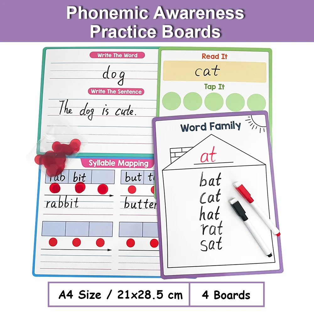 Double Sided Phonemic Awareness Dry Erase Board, Syllable Phonics Game English Teaching Aids Speech Therapy Materials Montessori