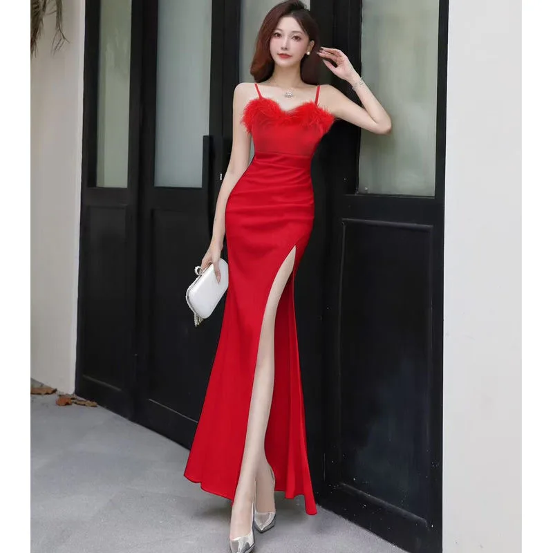 Hot sale 95 socialite temperament tube top feather female slim high-end sexy suspender dress evening dress