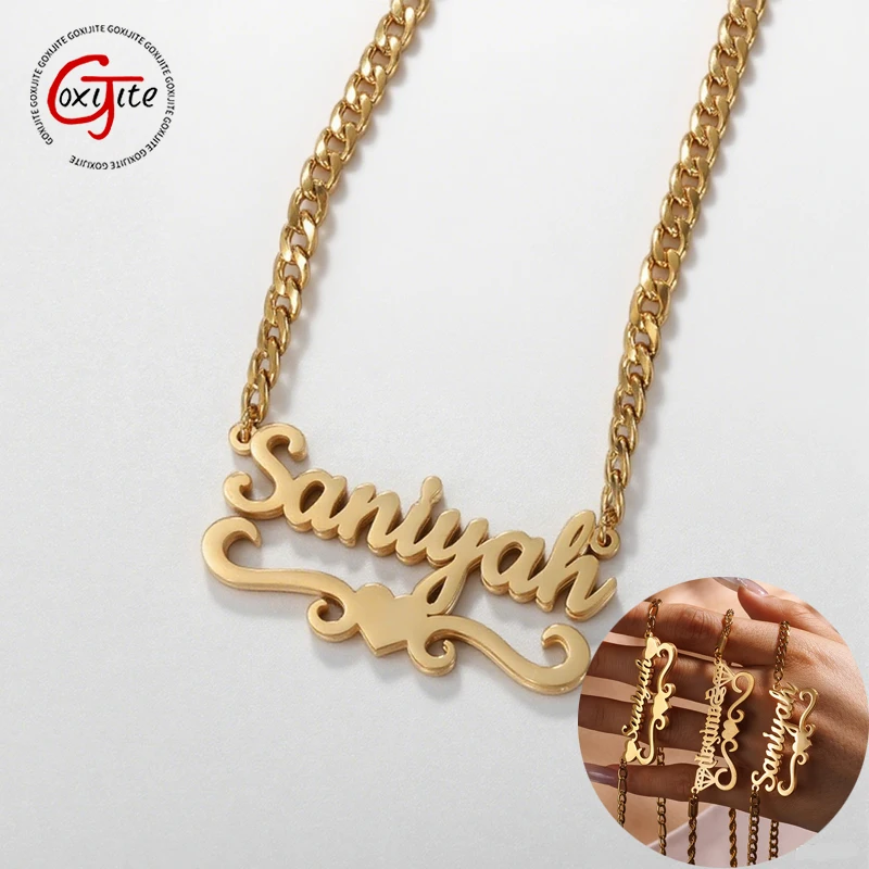 

Goxijite Customized Name Heart Base Necklace Stainless Steel Personalized Names Crown Thick Chain Necklace Jewelry Gifts