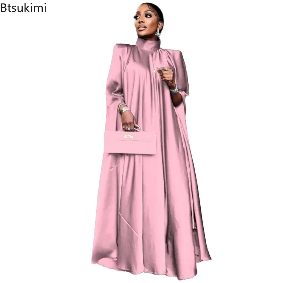 Fashion Luxury Dubai Indian Dress Muslim Abaya for Women Elegant High Neck Loose Pullover Solid Satin Party Evening Dresses Robe